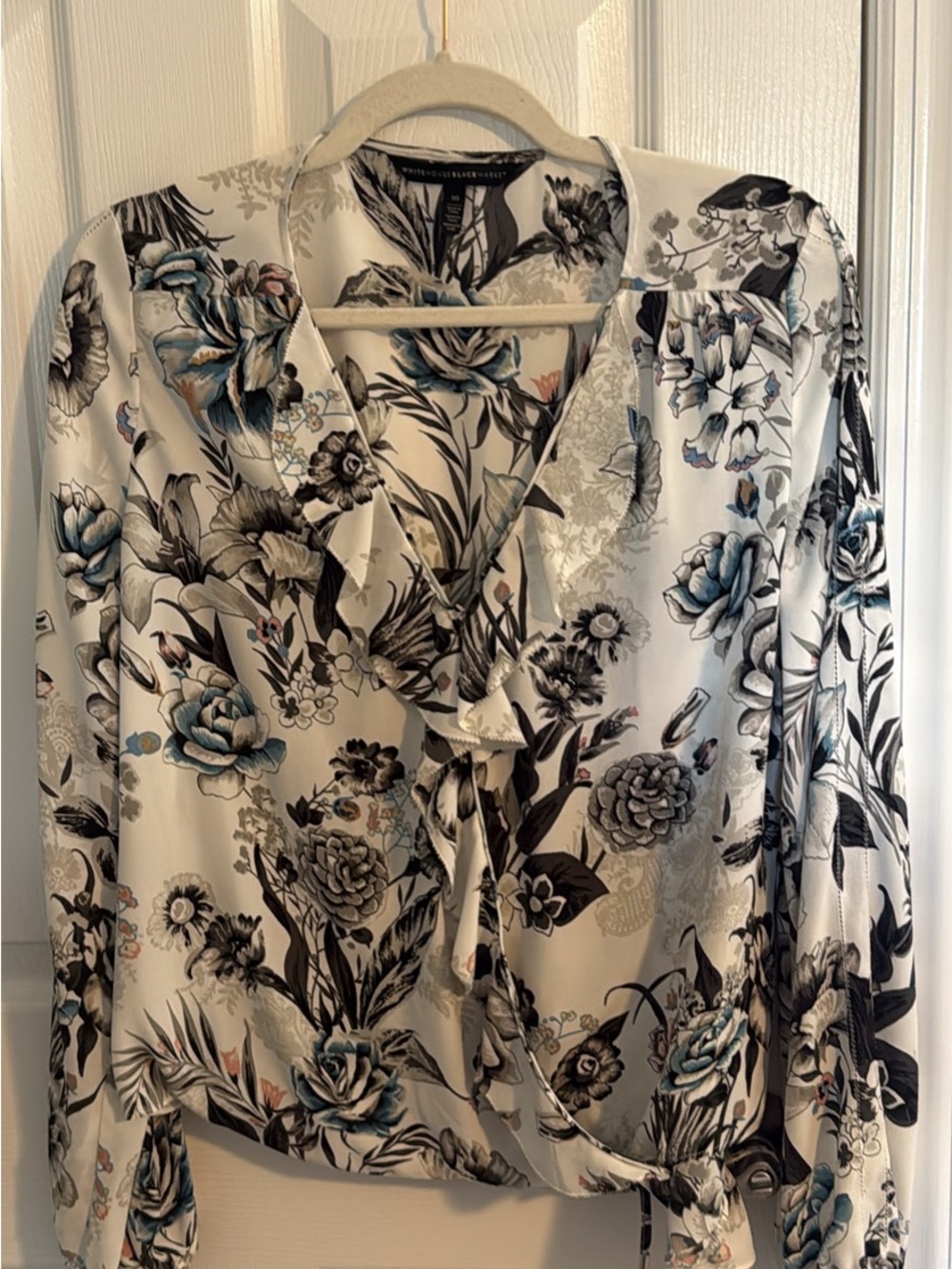 White House Black Market Cream Floral Ruffle Tie-Neck Blouse